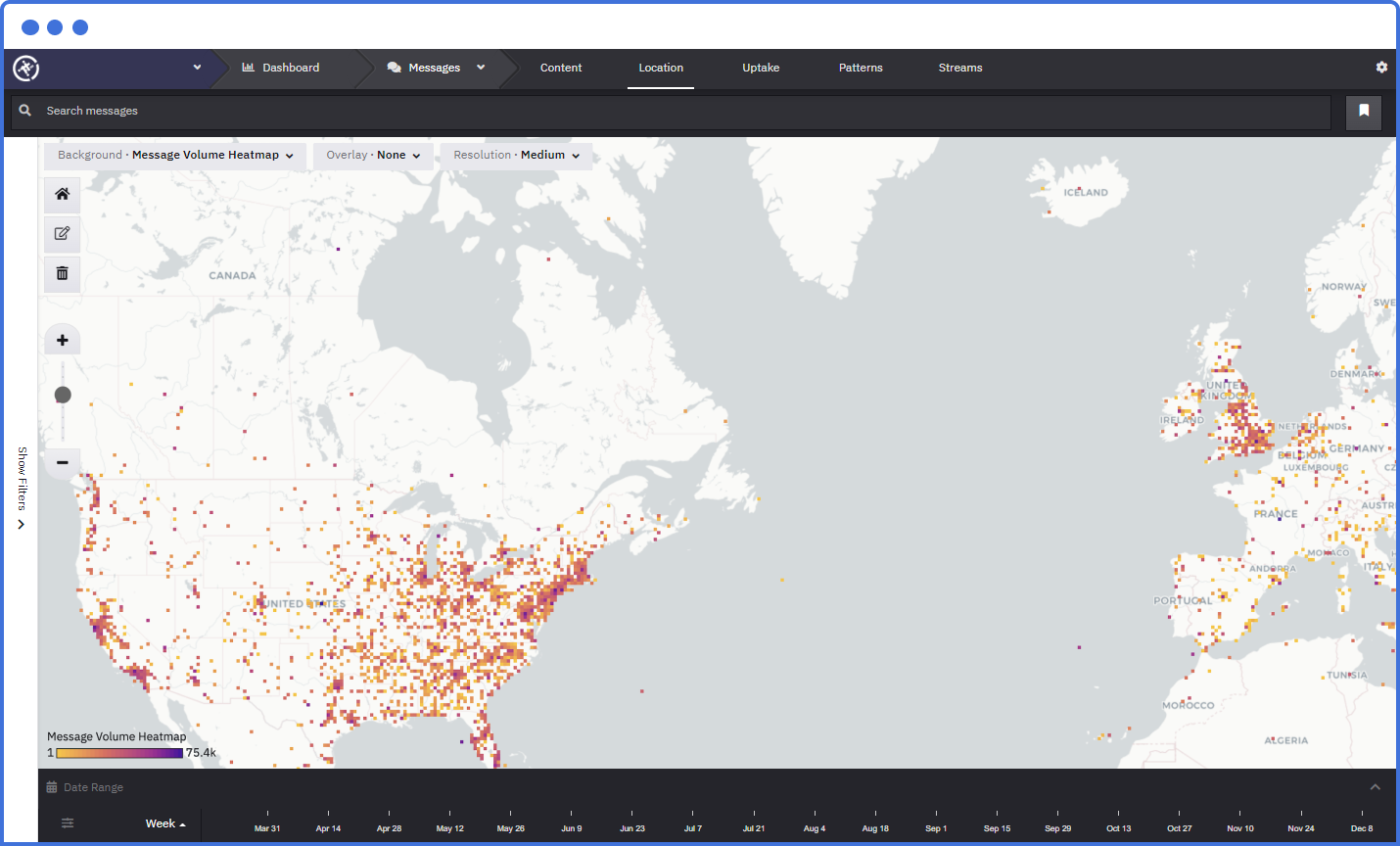 Heatmap of social media message volume across North America and Western Europe