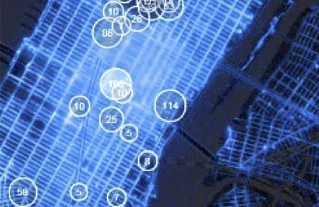 Map of lower Manhattan showing taxi volume and circles for social media query results